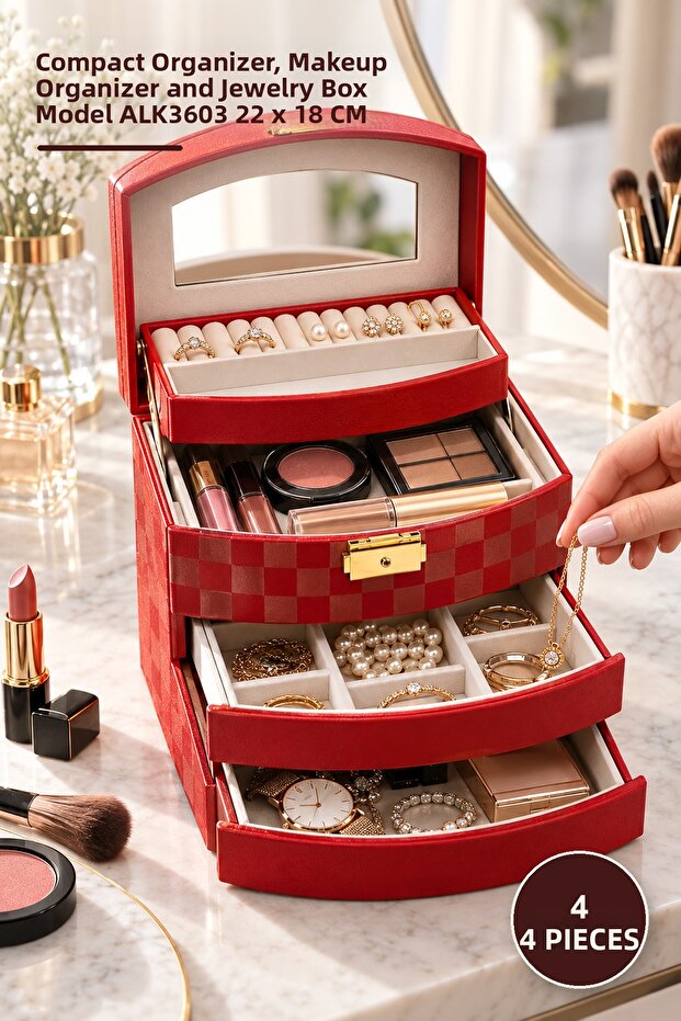 4 Makeup and Jewelry Boxes – Compact Organizer, Makeup Organizer and Jewelry Box Model Alk3603 22 X 18 cm