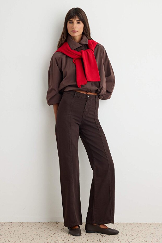 Kahverengi Dikiş Detaylı Yüksek Bel Wide Leg Geniş Paça %100 Pamuk Non-Stretch Jeans TWOSS25JE00034