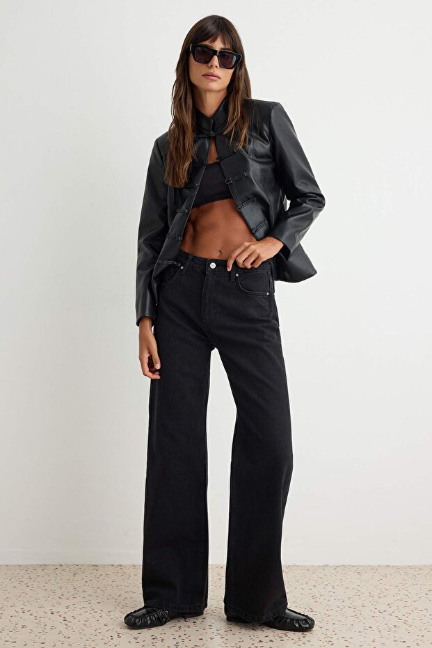 Siyah Yüksek Bel Wide Leg Geniş Paça %100 Pamuk Non-Stretch Jeans TWOAW24JE00075