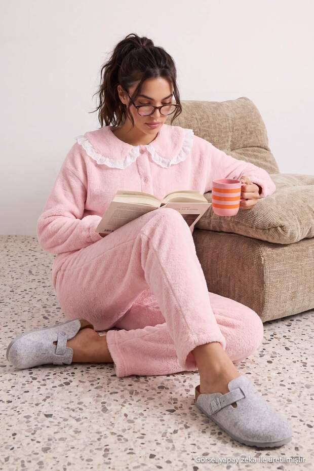 Pembe Yaka ve Fırfır Detaylı Wellsoft Örme Pijama Takımı THMAW27PT00068