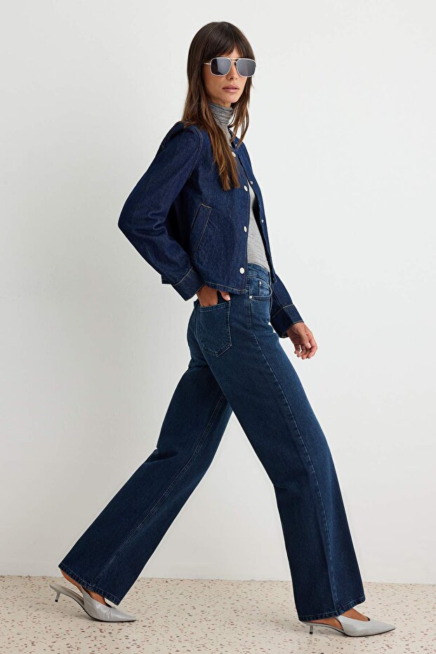 Gece Mavisi Yüksek Bel Wide Leg Geniş Paça %100 Pamuk Non-Stretch Jeans TWOSS23JE00083