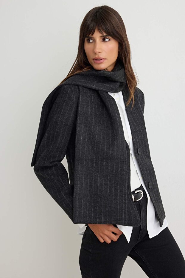 Antrasit Çizgil Kendinden Çıkarılabilir Atkılı Kaşe Blazer Ceket TWOAW27BC00023