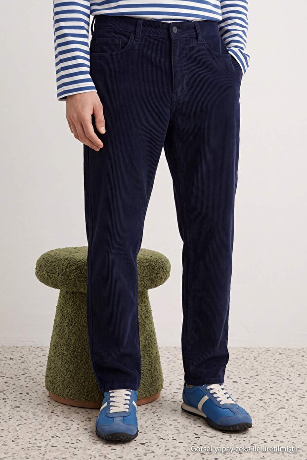 Lacivert Kadife 100% Pamuk Straight Fit Boru Paça Normal Bel Kışlık Pantolon TMNAW27PL00014