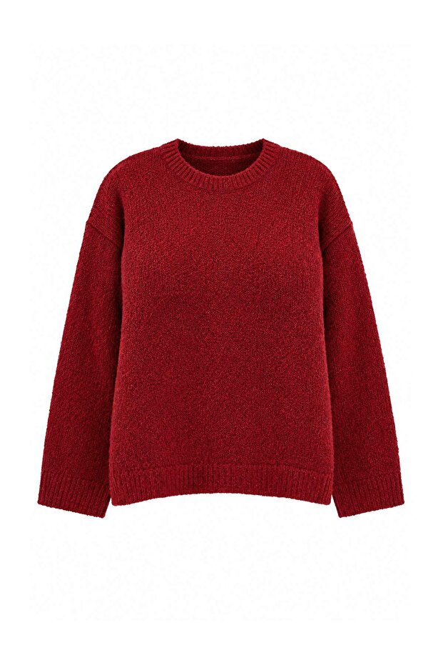 Wardrobe Essentials Bordo Moher Görünümlü Basic Büyük Beden Triko Kazak TBBAW27AN00072
