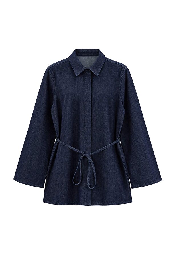 Koyu Mavi Bağlama Detaylı Denim Gömlek TWOAW27GO00117