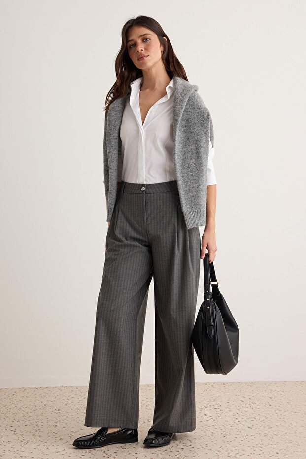 Antrasit Çizgili Pilili Wide Leg/Geniş Paça Kumaş Pantolon TWOAW27PL00061