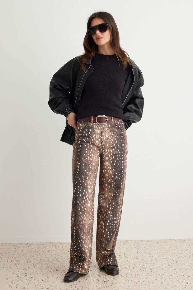 Kahverengi Bambi Desenli Yüksek Bel Baggy Jeans TWOAW27JE00263