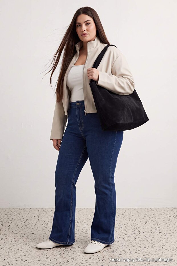 Koyu Mavi Yüksek Bel Flare Yumuşak Ekstra Esneyen Örme Kot/Jeans TBBAW27CJ00025