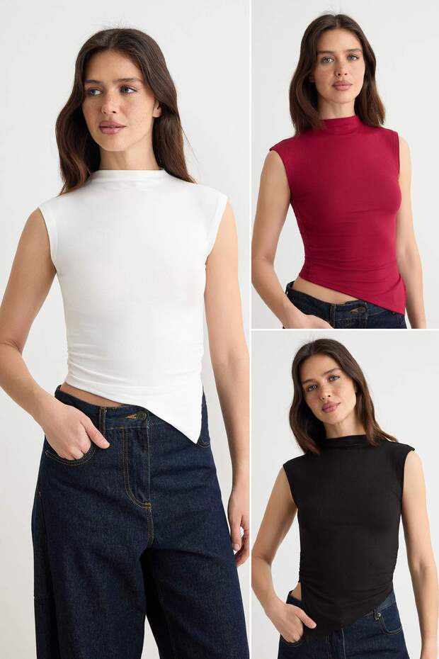 Siyah-Ekru-Bordo 3'lü Paket Fitted/Vücuda Oturan Dik Yaka Örme Bluz TWOSS26BZ01131
