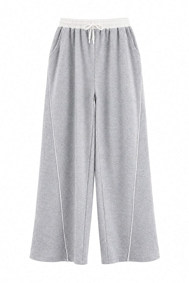 Gray Melange Wide Leg Stripe Detailed Elastic Waist Knitted Sweatpants Twoaw27Ea00031