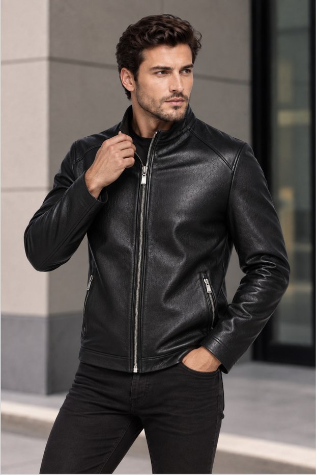 Puyol Genuine Jumbo Leather Men's Black Coat