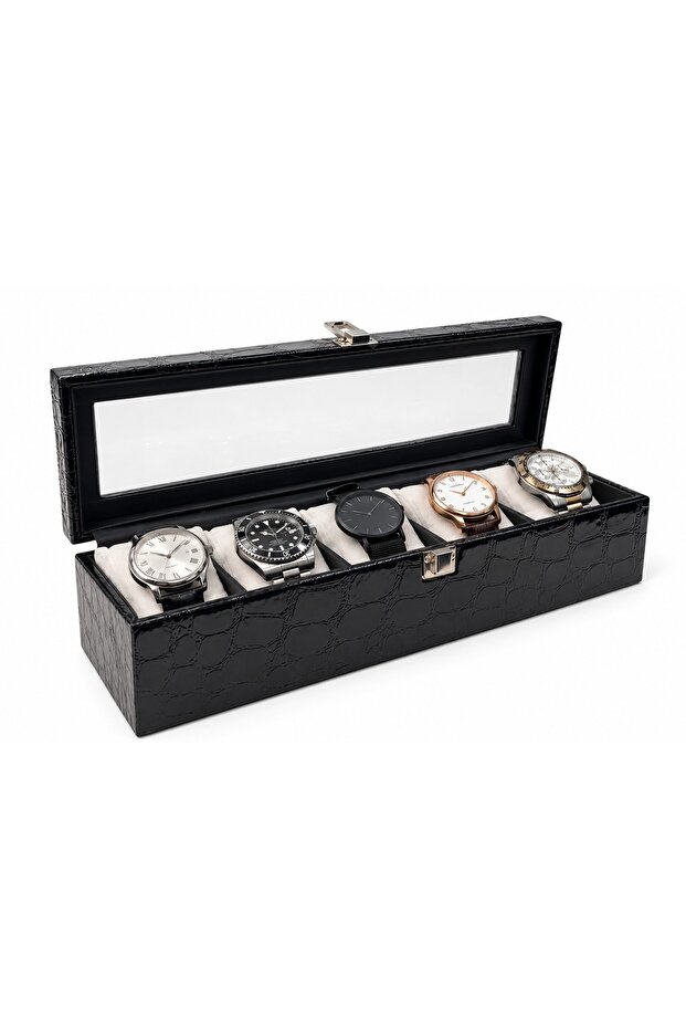 Watch Box Set of 5 with Black Patent Leather and Glass Cover