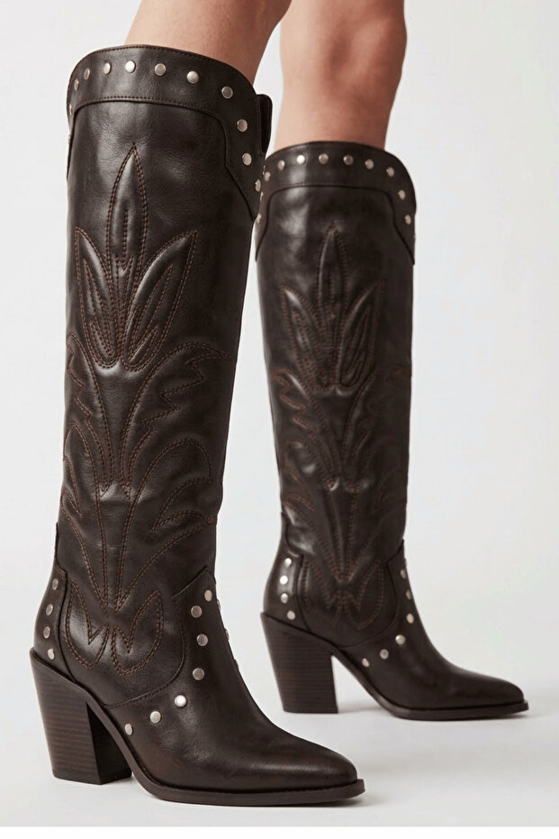 Statice Women's Brown Embossed Embroidered Pointed Toe Thick Heeled Below the Knee Cowboy Boots