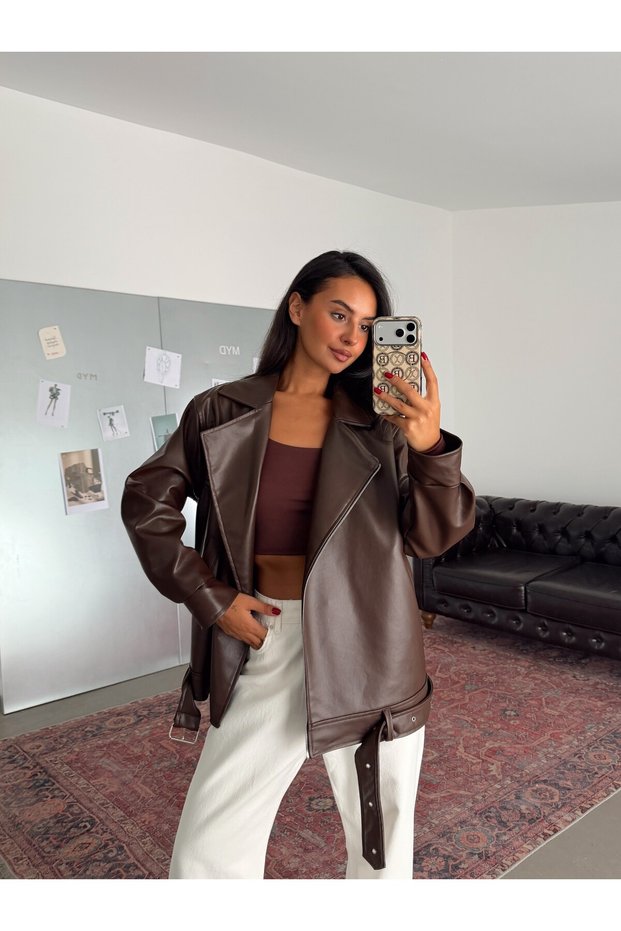 Belted Oversize Leather Jacket - Brown