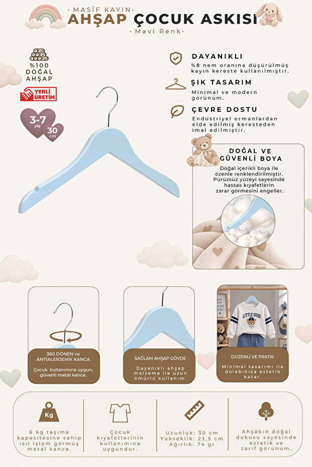 Wooden Ksç 3-7 Years Old 30cm Children's Hanger Blue Color 6 Pieces