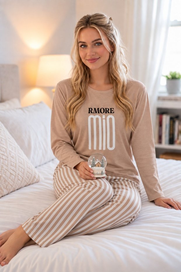 Women's Striped Printed Single Jersey Pajama Set