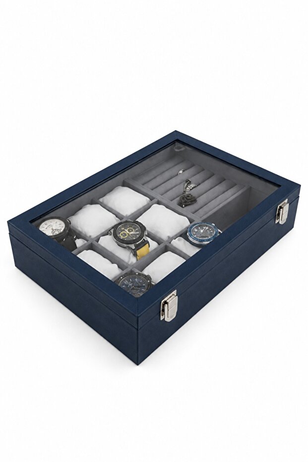 Watch Box 9 Pieces Dark Blue Crocodile with Jewelry Compartments