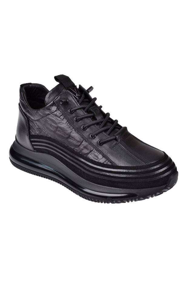 Genuine Leather Rubber Laced Men's Sports Shoes Voy-053 Black