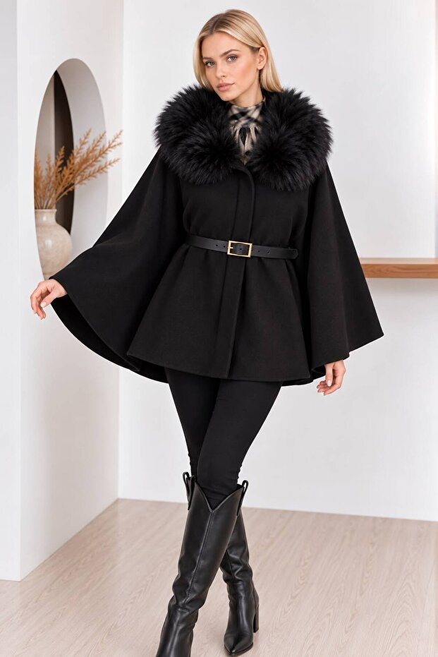 Fur Collar Belted Cashmere Poncho