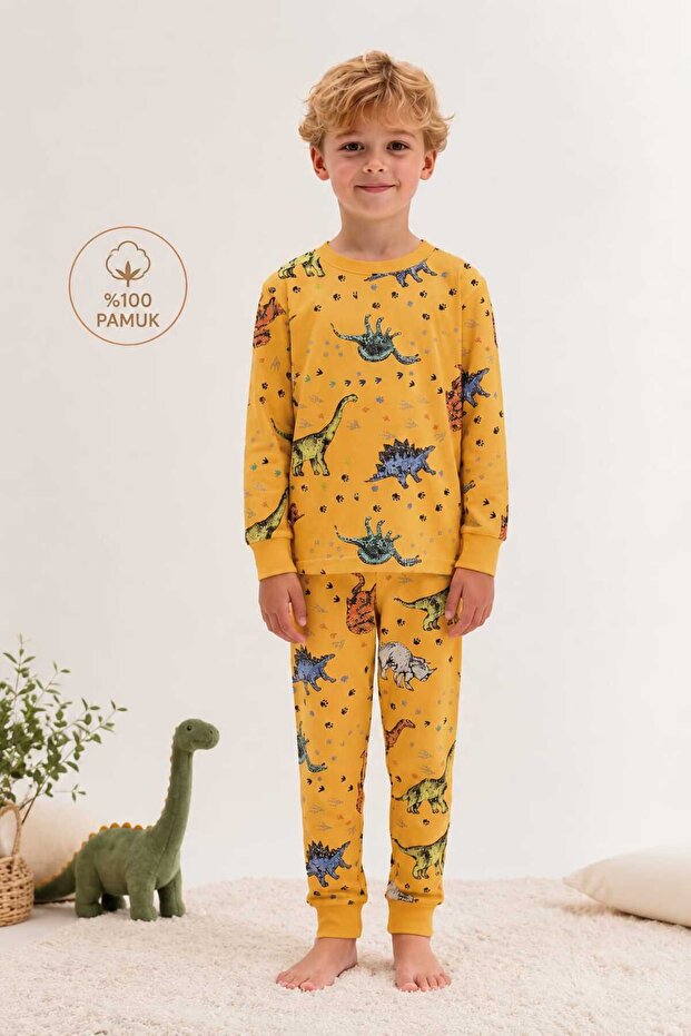 Boy's 100% Cotton Yellow Dinosaur Patterned Pajama Set