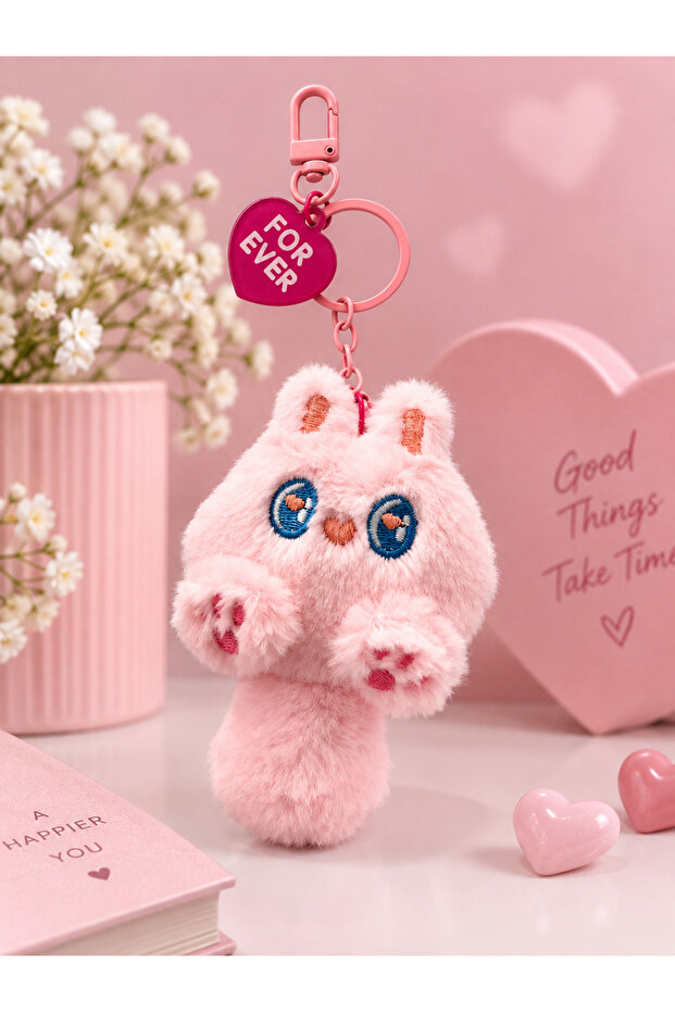 Cute Plush Long-Tailed Cat Kawaii Character Keychain and Bag Ornament Pink