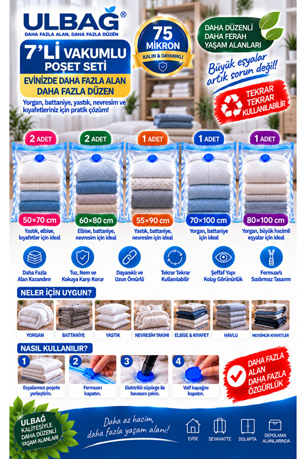 Set of 7 Vacuum Storage Bags-4 (Pillow, Dress, Blanket, Quilt) Vacuum Storage Bag