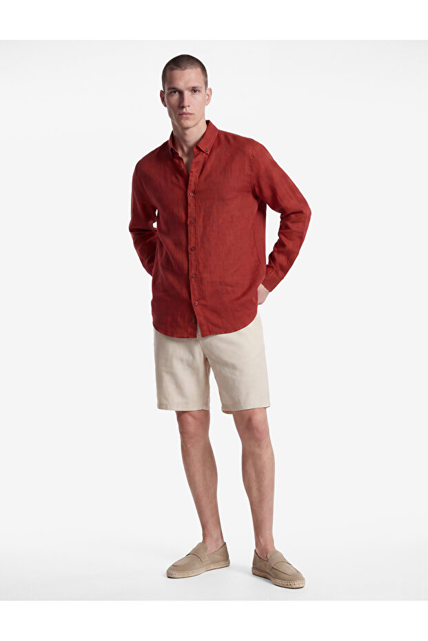 Regular Fit Buttoned Classic Collar Long Sleeve Linen Shirt