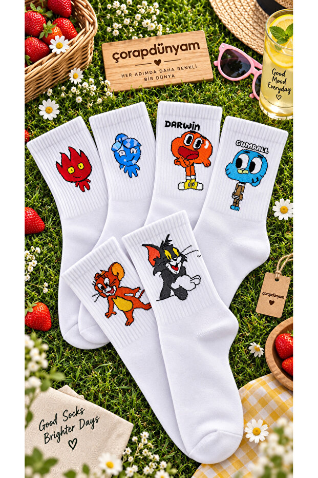 6-Piece Cute Character Fire & Water Cotton College Socks