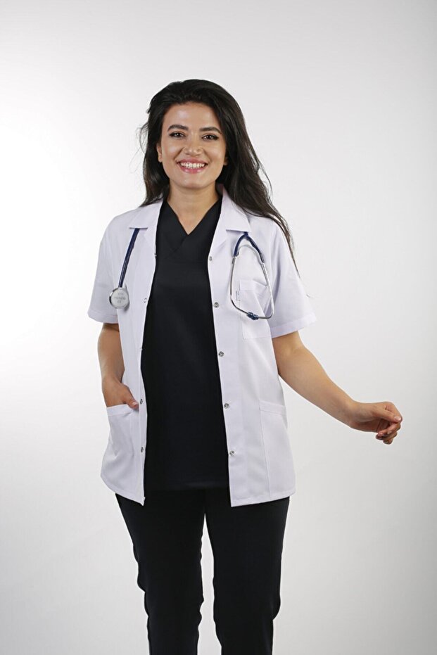 Women's White Short Sleeve 70 cm Jacket Collar Alpaca Teacher Doctor Pharmacist Nurse Apron