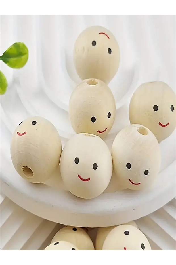 20mm 20pcs Smiling Face Wooden Beads Round Expression Loose Beads For Jewelry Making DIY Creative Ha