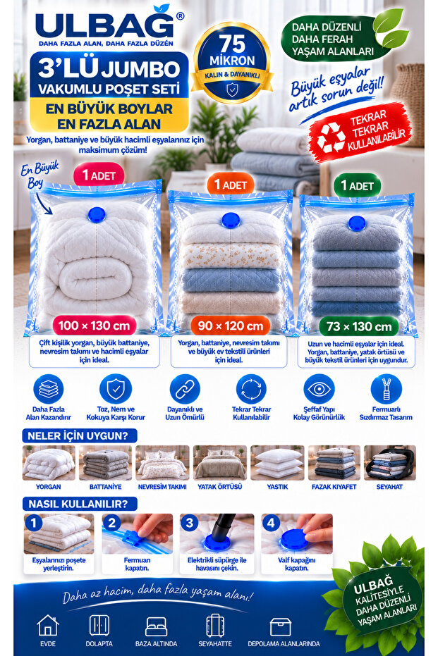 3-Piece Jumbo Large Sizes Vacuum Storage Bag Set - Large Size Quilt, Clothes, Bedspread Vacuum Storage Bag