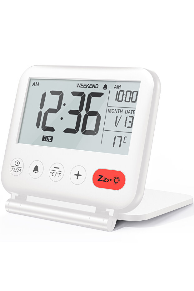WHITE NOKLEAD Digital Travel Alarm Clock for Bedroom Office Small LCD Desk Clock with Backlight Date