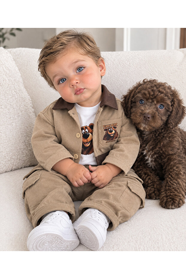 Gabardine Buttoned Teddy Bear Printed Badi Bermuda Pocket Detailed Lycra 3-Piece Baby Boy/Child Set