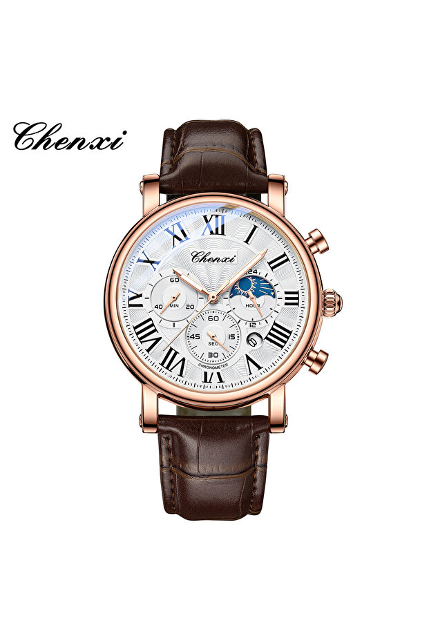 D CHENXI 973 Men Quartz Watch Fashion Business Moon Phase Date Multifunctional Chronograph Leather S