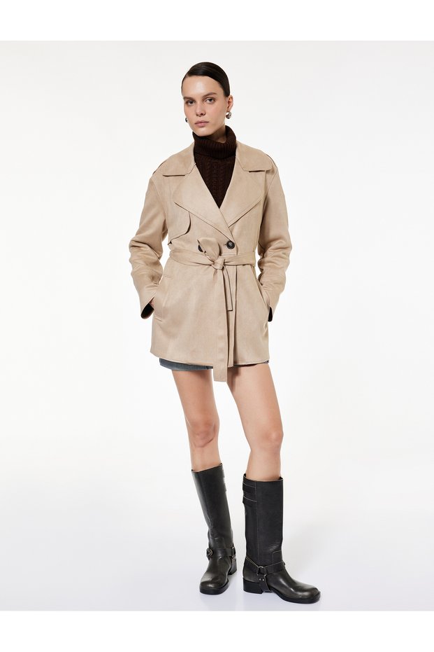 Buttoned Long Sleeve Double Breasted Belted Faux Suede Trench Coat with Pockets