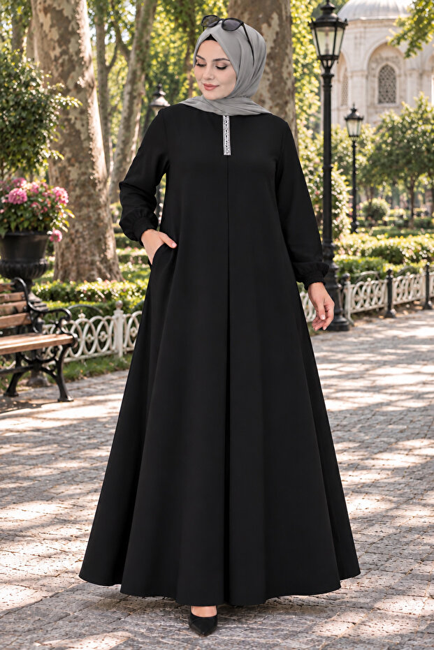 Stoned Black Hijab Dress with Pockets and Elastic Sleeves Ferace