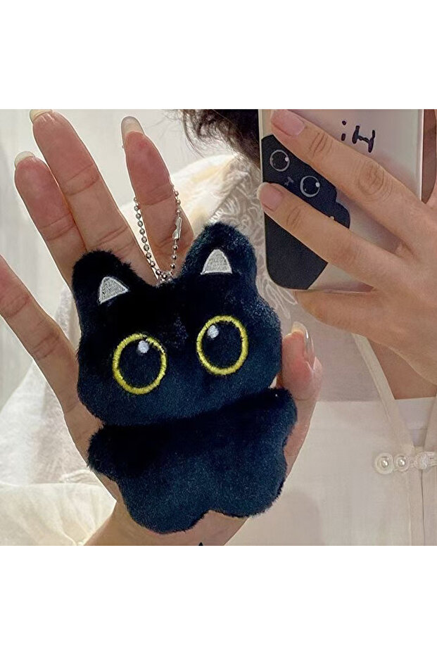 Pearl Chain Cute Black Cat Plush Toy Keychain, Cartoon Kitten, Soft Stuffed Doll Pendant, Car Key, B