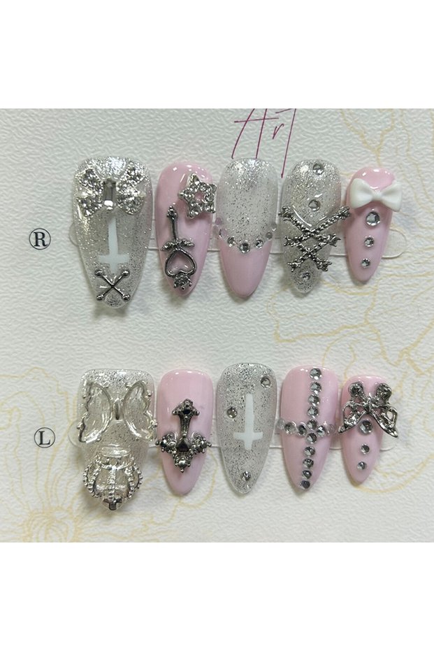 L Y2K Cute Gyaru French Almond Handmade Press On Nails 3D Butterfly Star Cross Diamond Fake Nails Pi