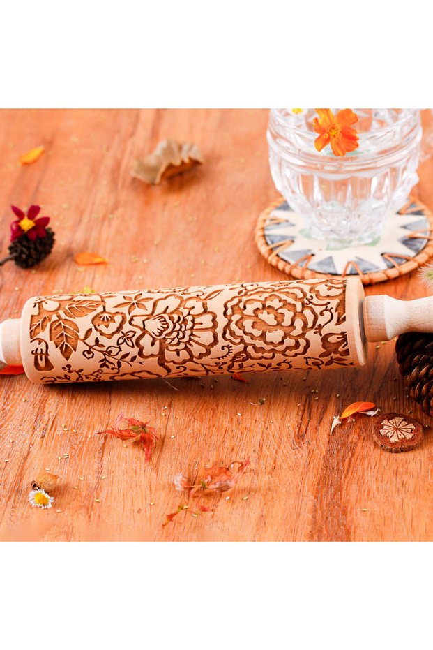 style 141 1 pcs Wooden Sunflower Embossed Rolling Pin with Pattern for Kitchen Pastry, Baking Tools,