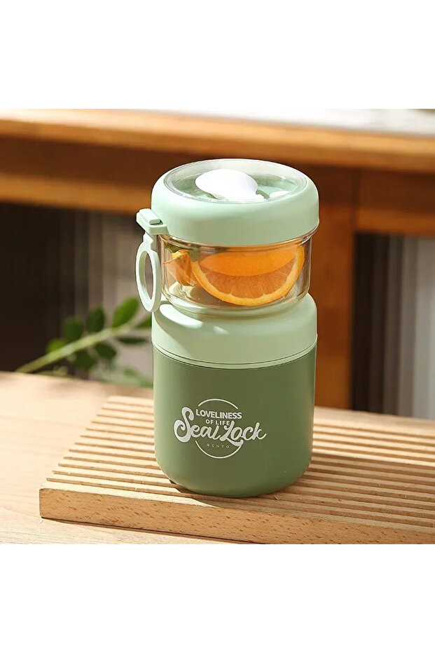 2 Green Portable Stainless Steel Soup Cup Breakfast Oat Milk Fruit Salad Sealed Bowl with Lid Spoon