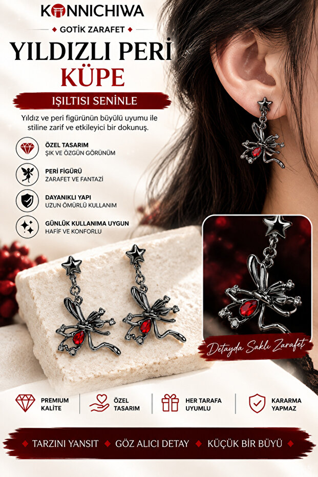 Women's Gothic Butterfly Figured Green Stone Detailed Dangle Earrings