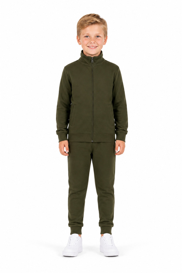 Boy's Cotton Stand Collar Tracksuit Set 26104 - Khaki