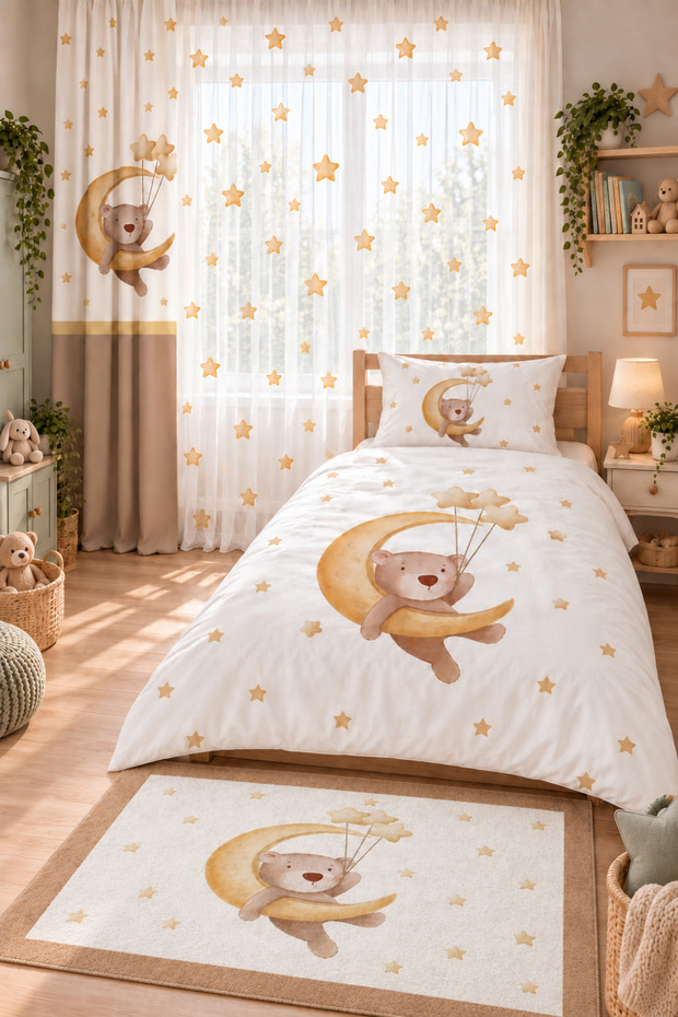 Bear Lying on the Moon and Star Patterned Duvet Cover Set - 160X220 Duvet Cover, 70X50 Pillowcase Set, Without Sheets