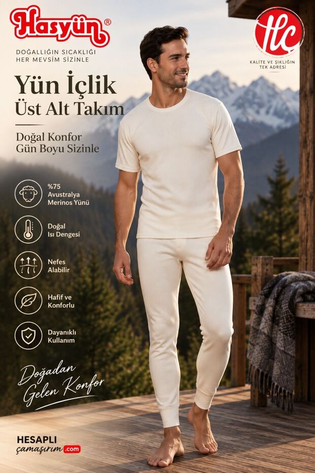 Men's Premium 75% Wool Sweat-Absorbent Non-Itchy Short Sleeve Top and Bottom Underwear Set