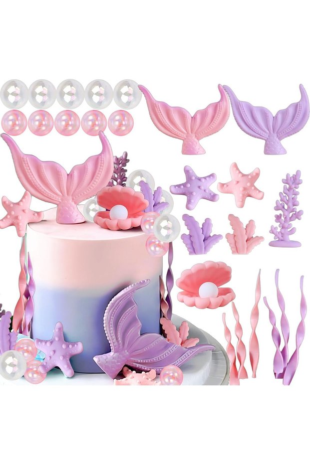 24pcs pink Mermaid Cake Topper Mermaid Tail Cake Decorations with Seaweed Shells Starfish Under the