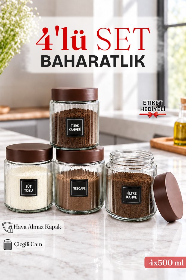4-Piece Wooden Vacuum Lid Filter Coffee, Turkish Coffee, Nescafe, Milk Powder Jar 600 ml Glass Jar