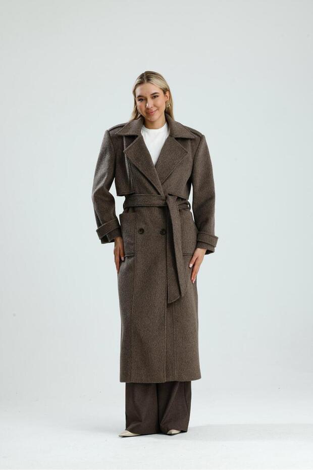 Disere Women's Long Brown Lined Coat with Waist Belt