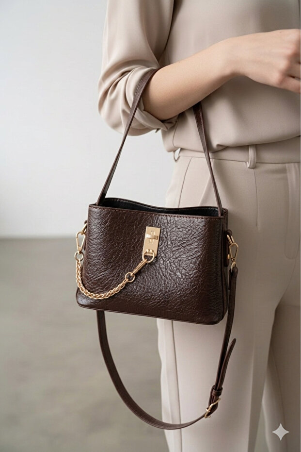 Casual Brown Small Size Women's Bag, Hand and Shoulder Bag with Adjustable Strap and Chain Accessories