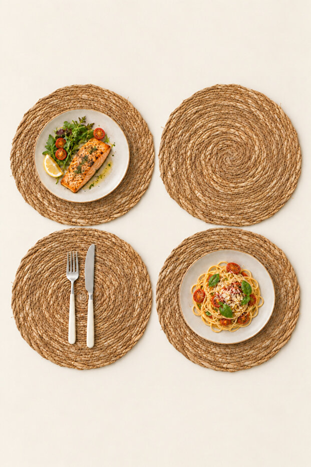 Set of 4 35 cm Natural American Service Round Wicker Look Tableware Presentation Coasters