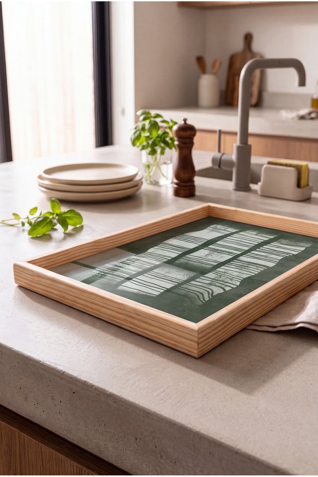 Green Abstract Textured-Natural Wood Framed Rectangular Coffee Presentation, Engagement, and Serving Tray